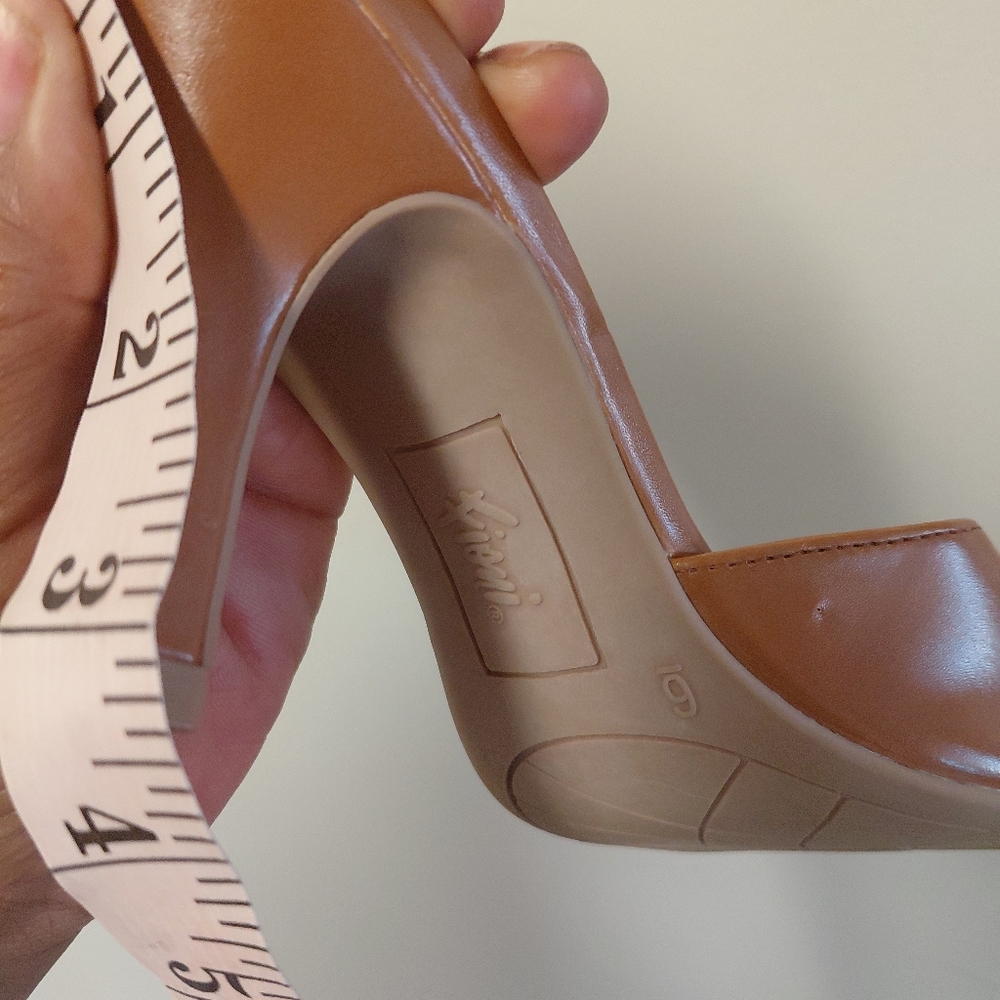 Fioni Camel Colored Brown Faux Leather Buckle Open Toe Heeled Mules 6 - Picture 13 of 13
